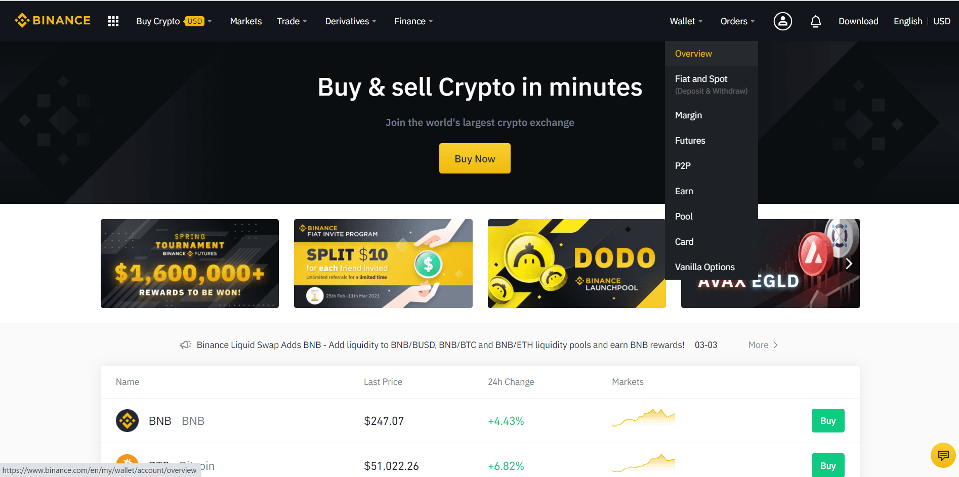 Deposit funds on Binance and buy DOGE